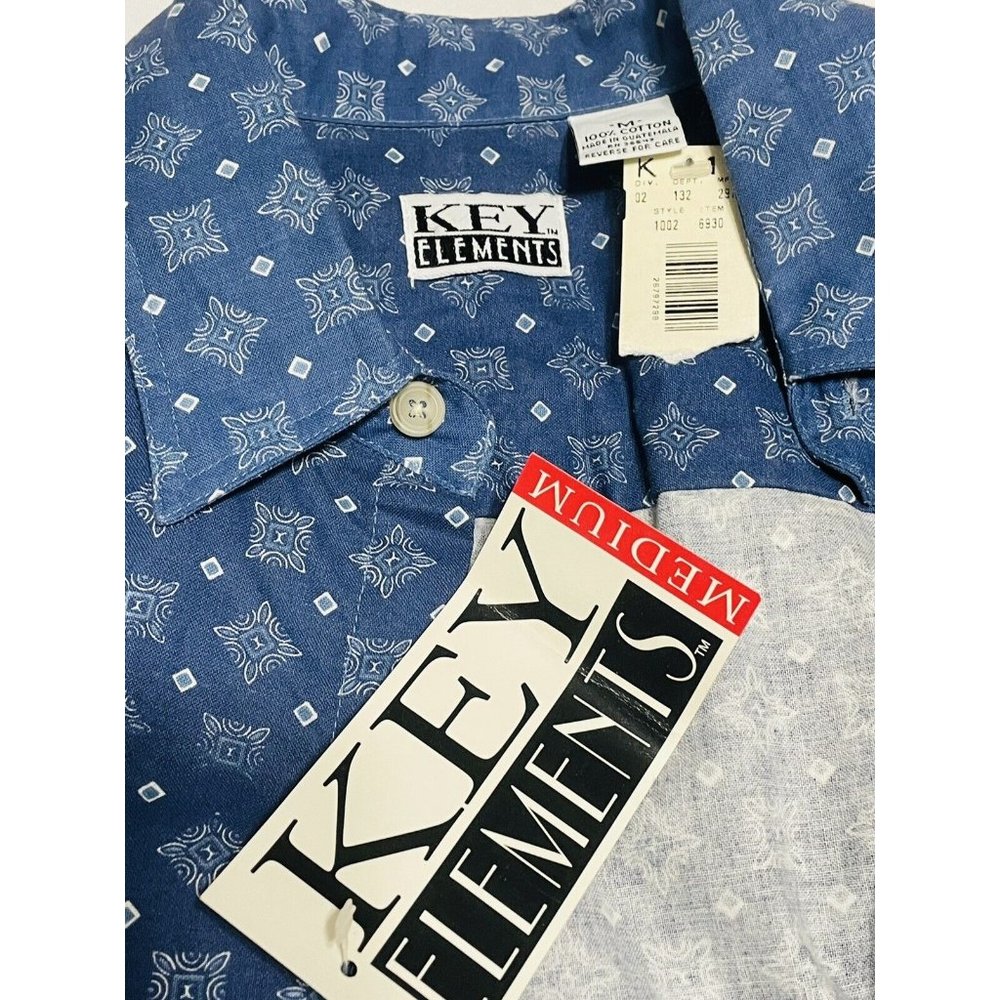 KEY Elements Vintage Short Sleeve Button Down Shirt Blue White Retro M Cotton - Picture 7 of 9